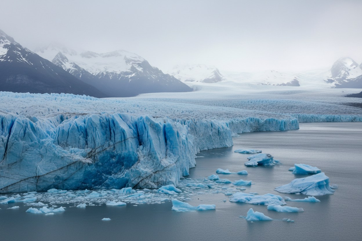 Frente del Glaciar Grey con témpanos azules flotando en el lago