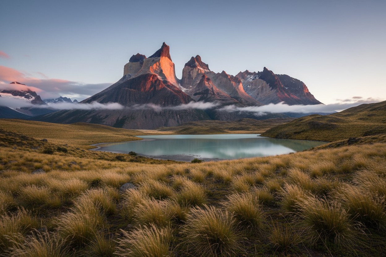 Amanecer sobre las Torres del Paine con la estepa patagónica en primer plano
